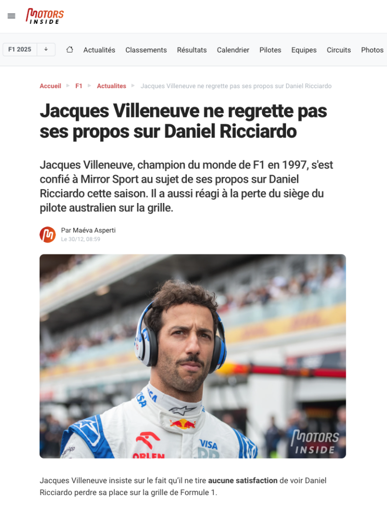 Jacques Villeneuve ne regrette pas ses propos sur Daniel Ricciardo