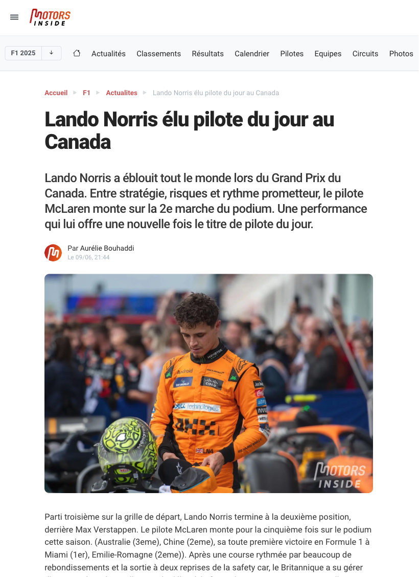 Lando Norris élu pilote du jour au Canada