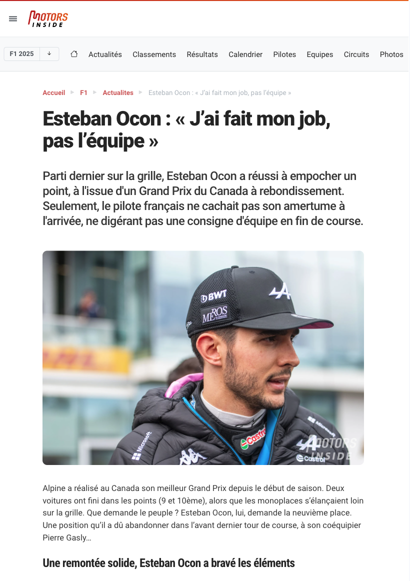 Esteban Ocon : « J’ai fait mon job, pas l’équipe »