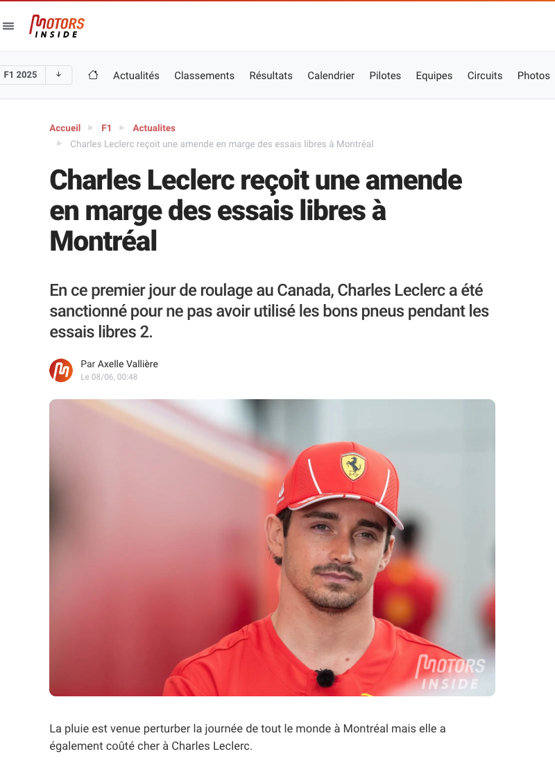 Charles Leclerc reçoit une amende en marge des essais libres à Montréal