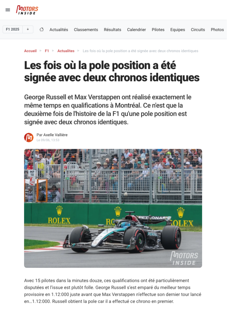 Les fois où la pole position a été signée avec deux chronos identiques