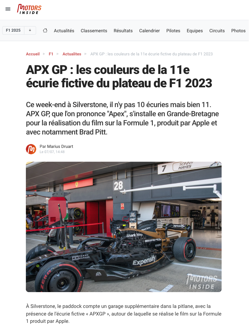 APX GP : les couleurs de la 11e écurie fictive du plateau de F1 2023