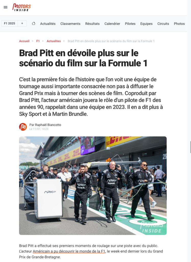 Brad Pitt en dévoile plus sur le scénario du film sur la Formule 1