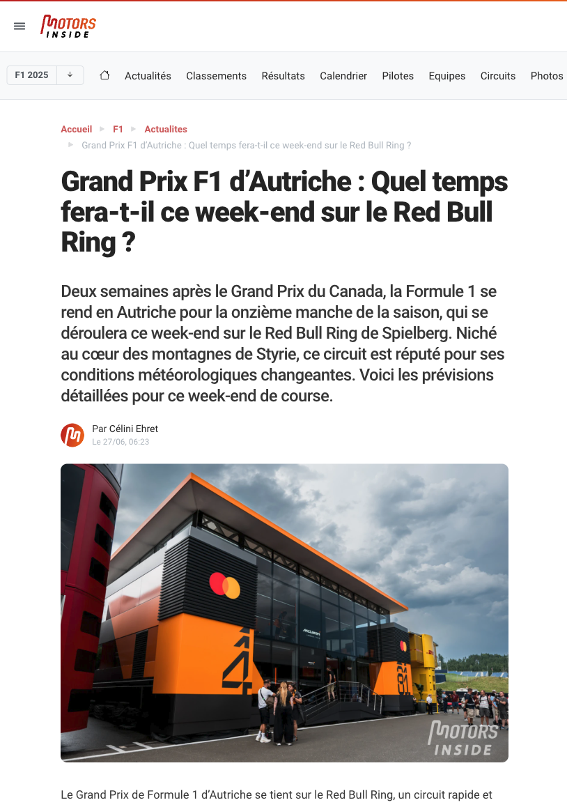 Grand Prix F1 d’Autriche : Quel temps fera-t-il ce week-end sur le Red Bull Ring ?