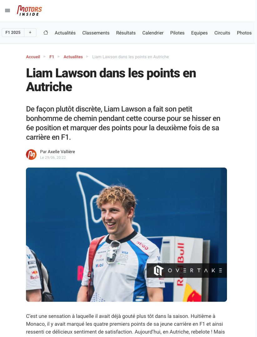 Liam Lawson dans les points en Autriche