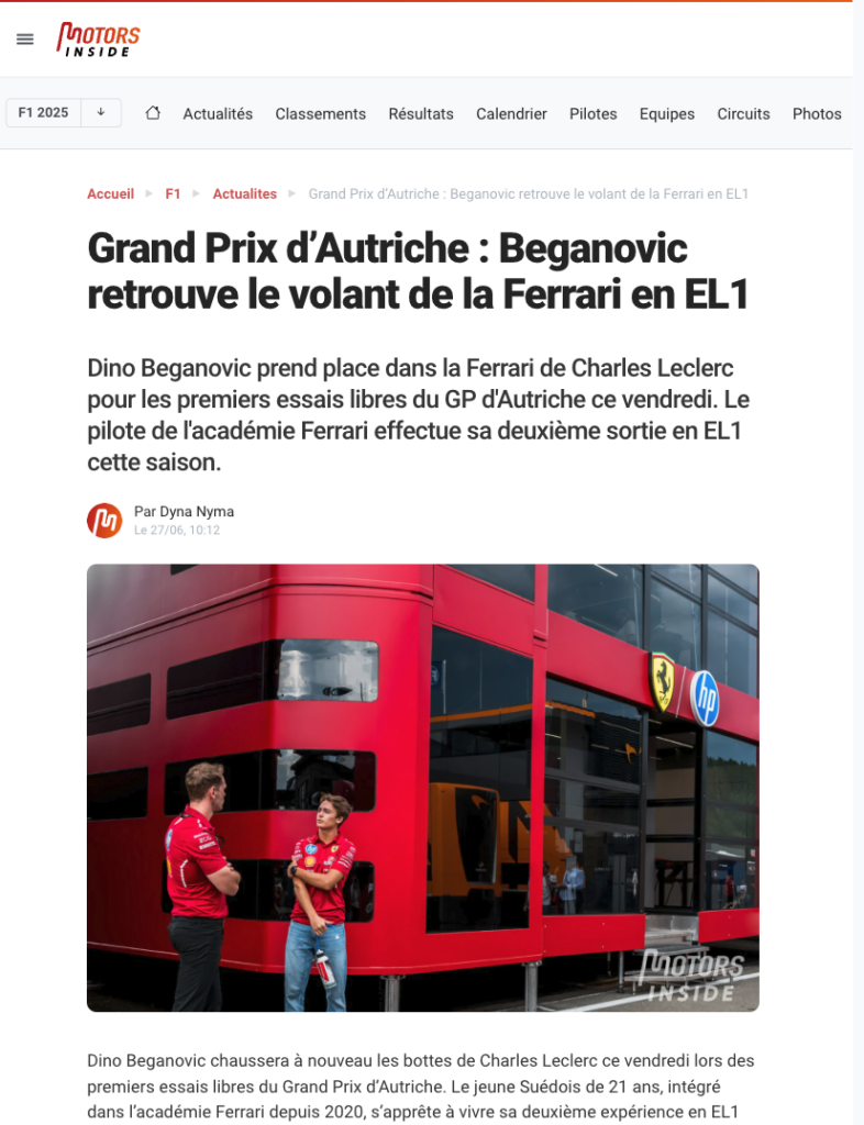 Grand Prix d’Autriche : Beganovic retrouve le volant de la Ferrari en EL1