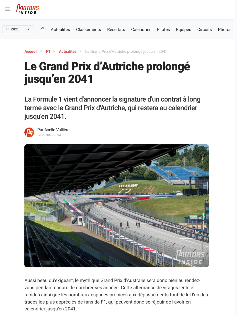 Le Grand Prix d’Autriche prolongé jusqu’en 2041