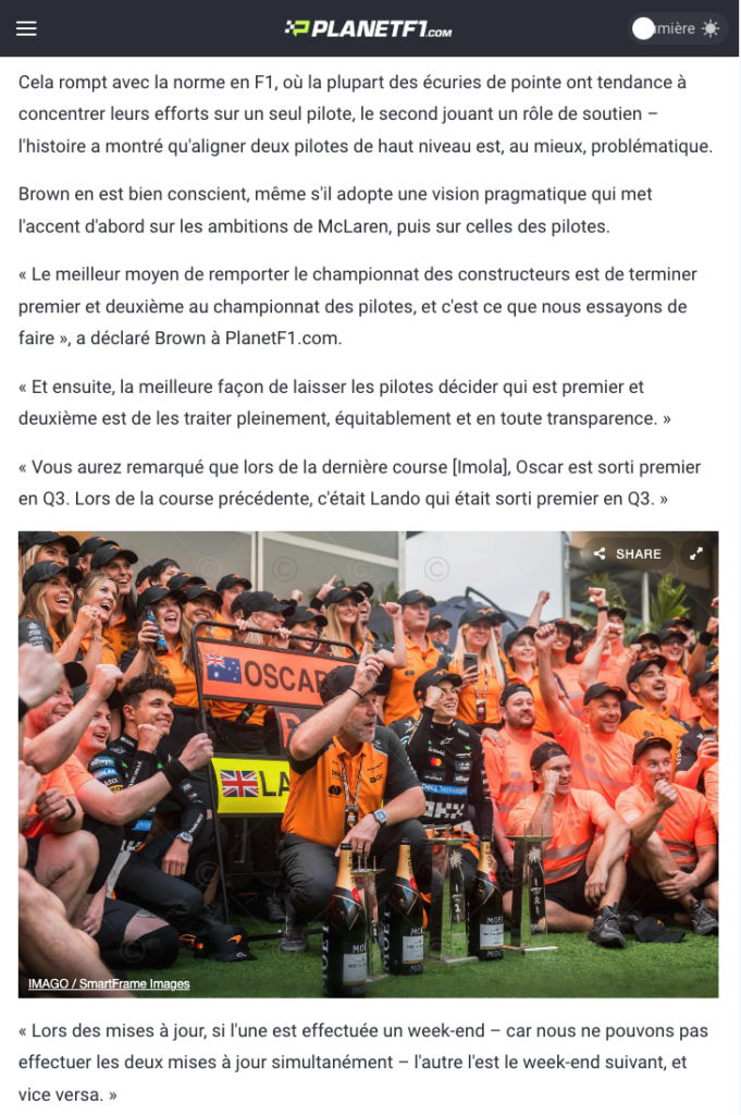 Le patron de McLaren, Zak Brown, insiste sur l'égalité des pilotes dans la course au titre.