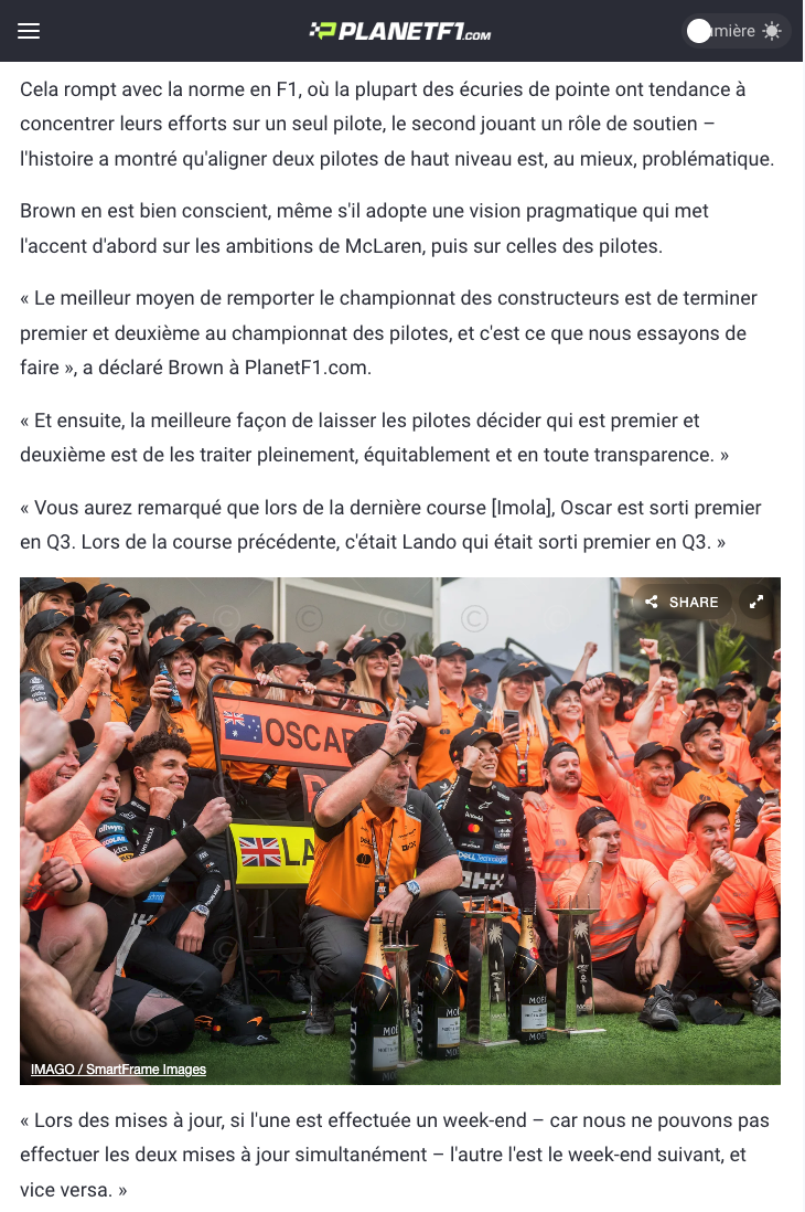 Le patron de McLaren, Zak Brown, insiste sur l'égalité des pilotes dans la course au titre.